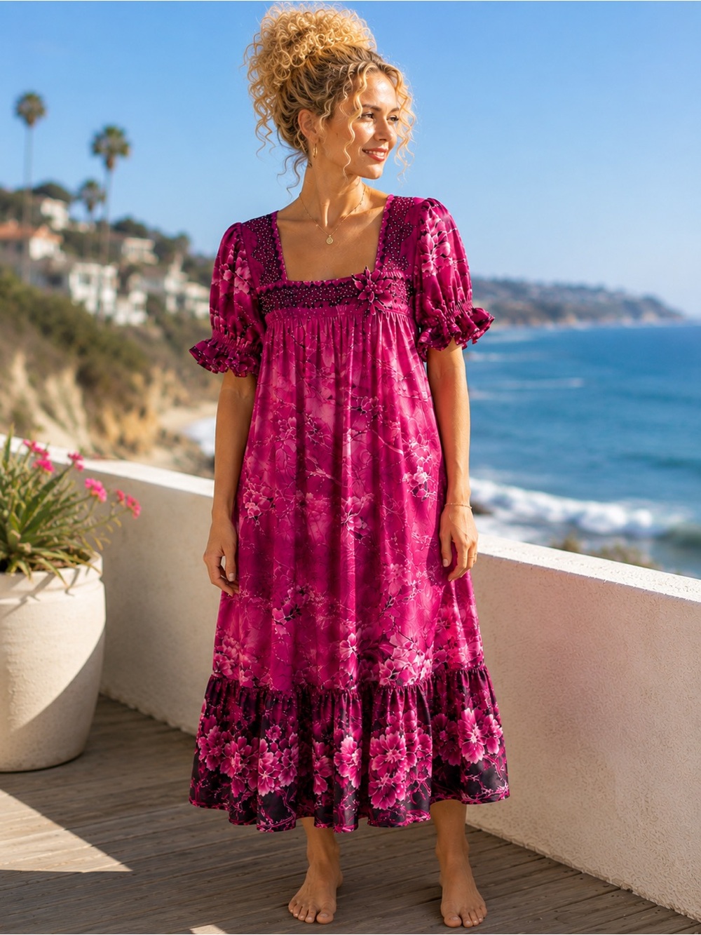 Vintage 1960s Hawaiian Muumuu Dress Pink Floral Rhinestone Handmade Size M